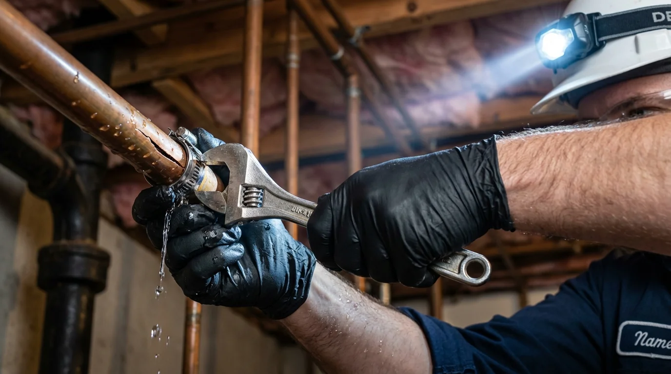 Emergency pipe clamp repair being performed by a Johns Plumbing LLC plumber in Forest City