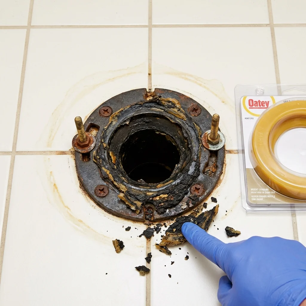 Failed wax ring showing water seepage at the base of a toilet in a Forest City, NC home
