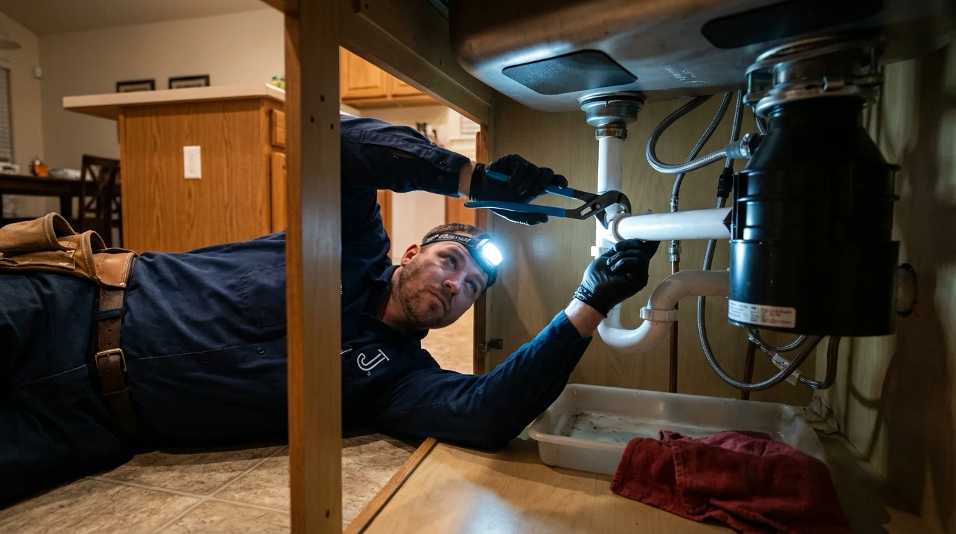 P-trap and supply line connections under a kitchen sink showing a common leak point in Forest City, NC